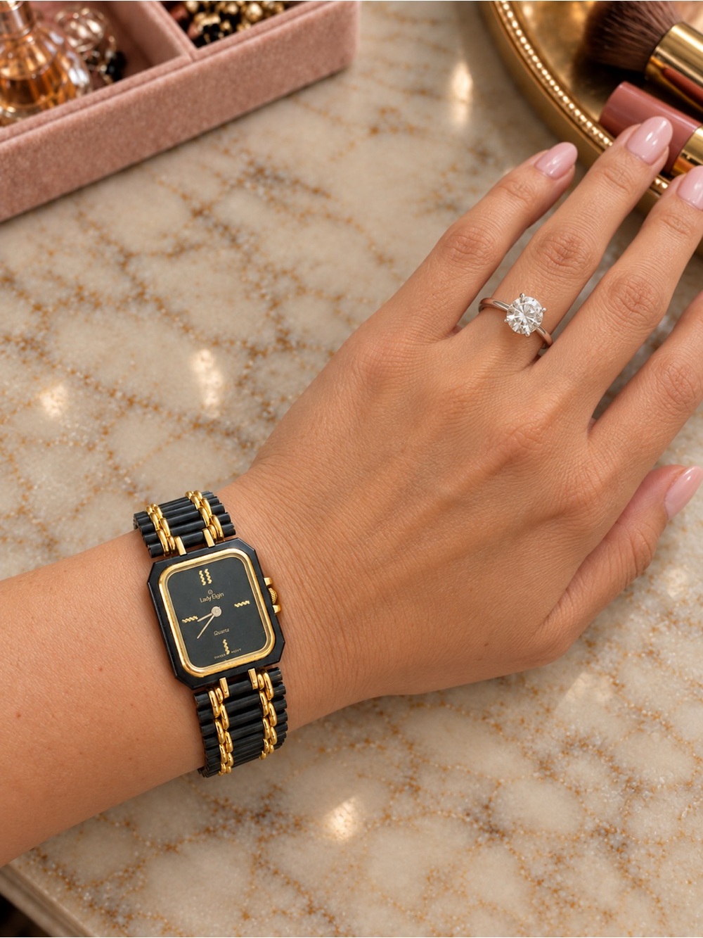 Vintage Lady Elgin Swiss Quartz Black & Gold Dress Watch